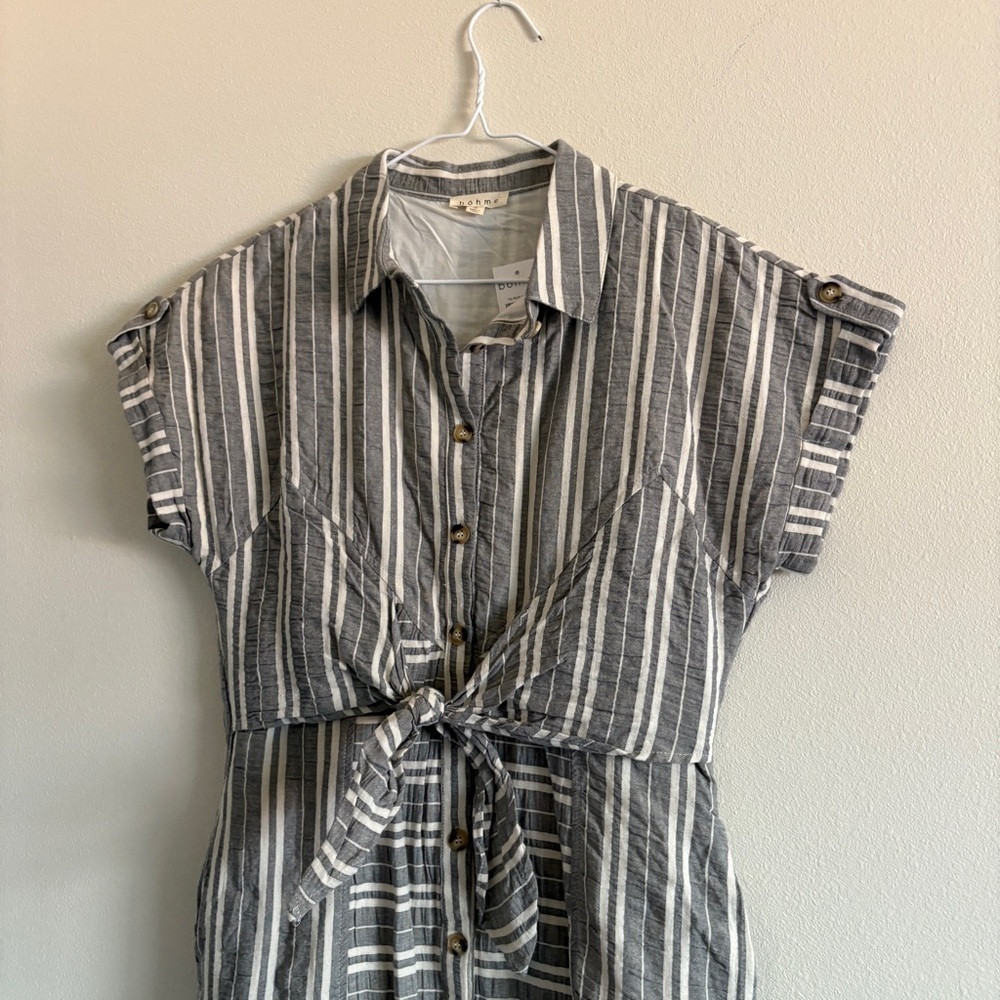 NWT Bohme Boutique 100% Cotton Button Down Midi Dress Size Small Striped Blue